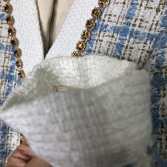 Sister Jane Blazer Cardigan Metallic Blue Tweed Plaid Long Bejeweled V Neck S - Picture 5 of 14